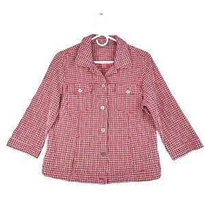 Chicos Red White Gingham Crinkle 3/4 Sleeve Button Up Shirt Size 2 Large